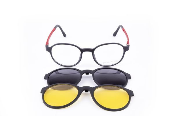 PolarOne Clipsli Optik Gözlük Çerçeve Clip On  Mod 312 SİYAH GÖVDE KIRMIZI SAP C1M-OK
