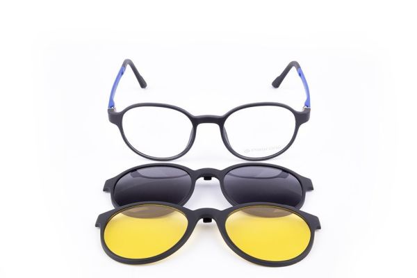 PolarOne Clipsli Optik Gözlük Çerçeve Clip On  Mod 312 SİYAH GÖVDE MAVİ SAP C1M-OM