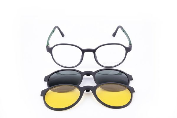 PolarOne Clipsli Optik Gözlük Çerçeve Clip On  Mod 312 SİYAH GÖVDE YEŞİL SAP C1M-OY