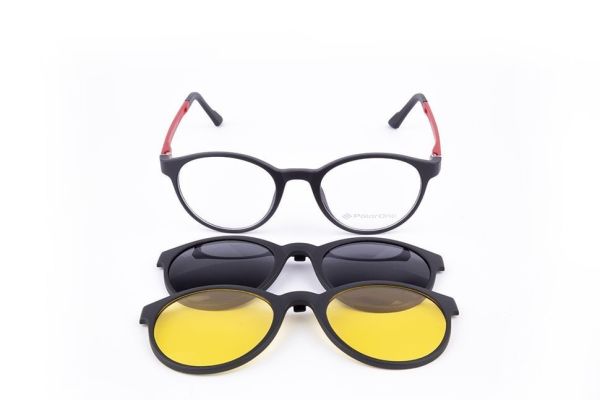 PolarOne Clipsli Optik Gözlük Çerçeve Clip On  Mod 311 SİYAH GÖVDE KIRMIZI SAP C1M-OK