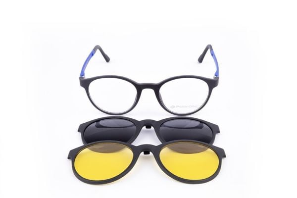 PolarOne Clipsli Optik Gözlük Çerçeve Clip On  Mod 311 SİYAH GÖVDE MAVİ SAP C1M-OM