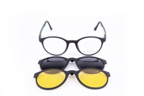 PolarOne Clipsli Optik Gözlük Çerçeve Clip On  Mod 311 SİYAH GÖVDE YEŞİL SAP C1M-OY