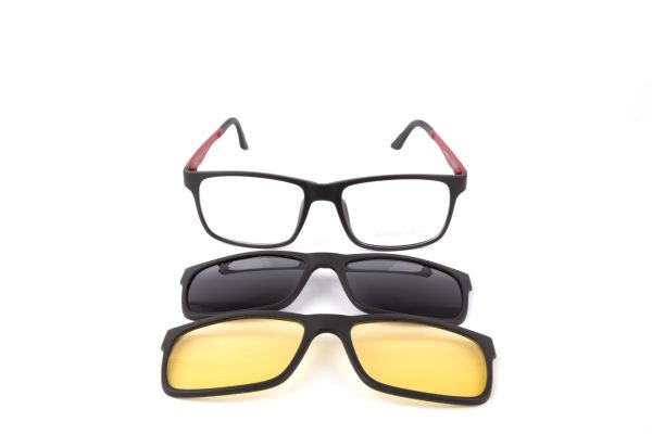 PolarOne Clipsli Optik Gözlük Çerçeve Clip On  Mod 301 SİYAH GÖVDE KIRMIZI SAP C1M-OK