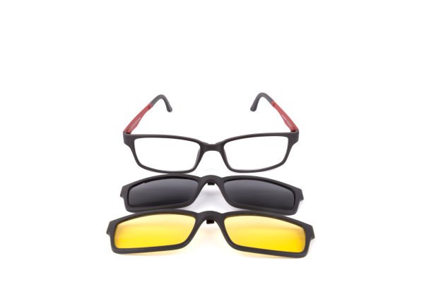 PolarOne Clipsli Optik Gözlük Çerçeve Clip On  Mod 303 SİYAH GÖVDE KIRMIZI SAP C1M-OK